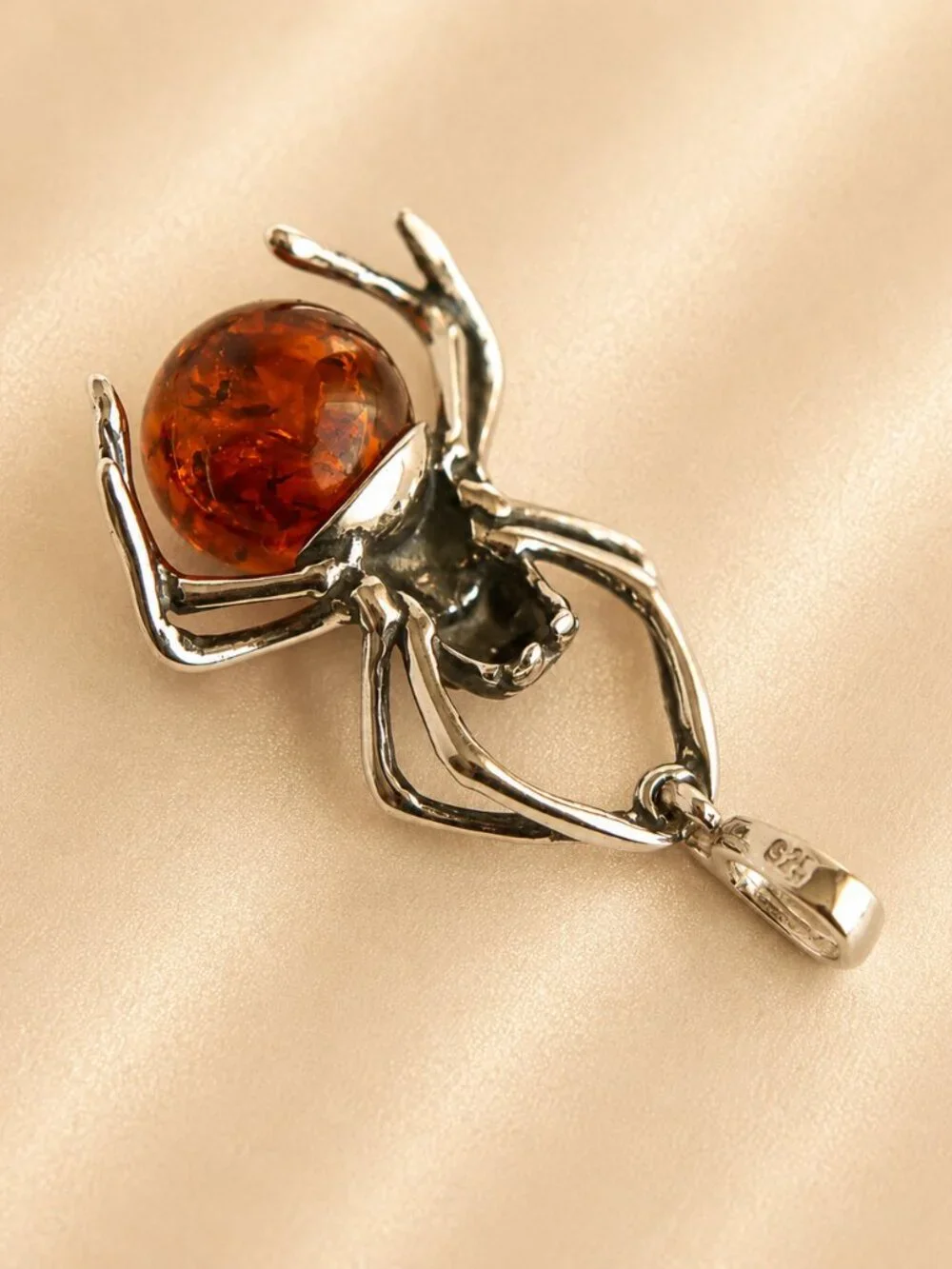 Baltic Amber Spider Pendant in Sterling Silver
